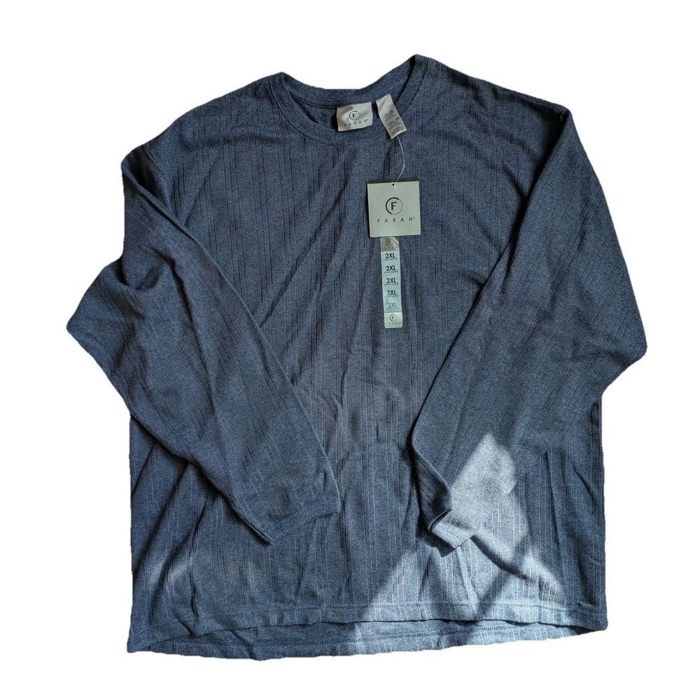 NWT Farah Mens 2XL Long Sleeve Textured Ribbed Knit Shirt Heather Navy Blue Tee